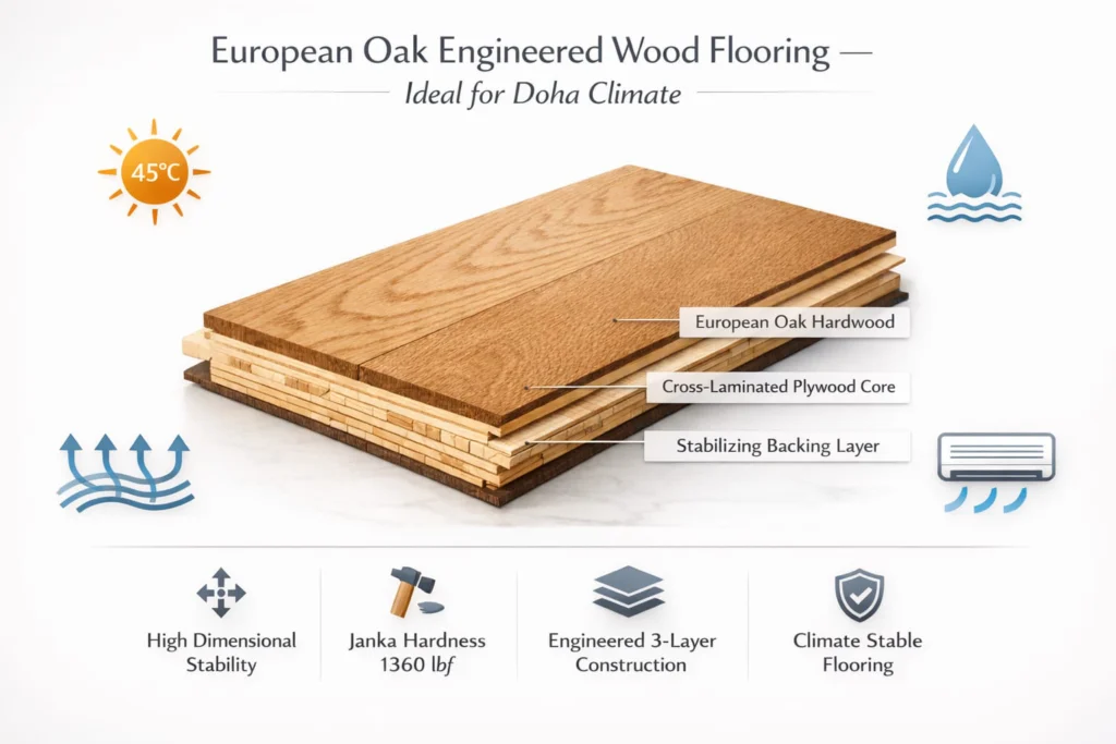 European oak engineered wood flooring installed in a modern living room in Doha Qatar